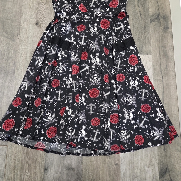 Hell Bunny Vixen Cotton Blend Black Halter Dress with Red Rose & Nautical Print - Picture 2 of 10